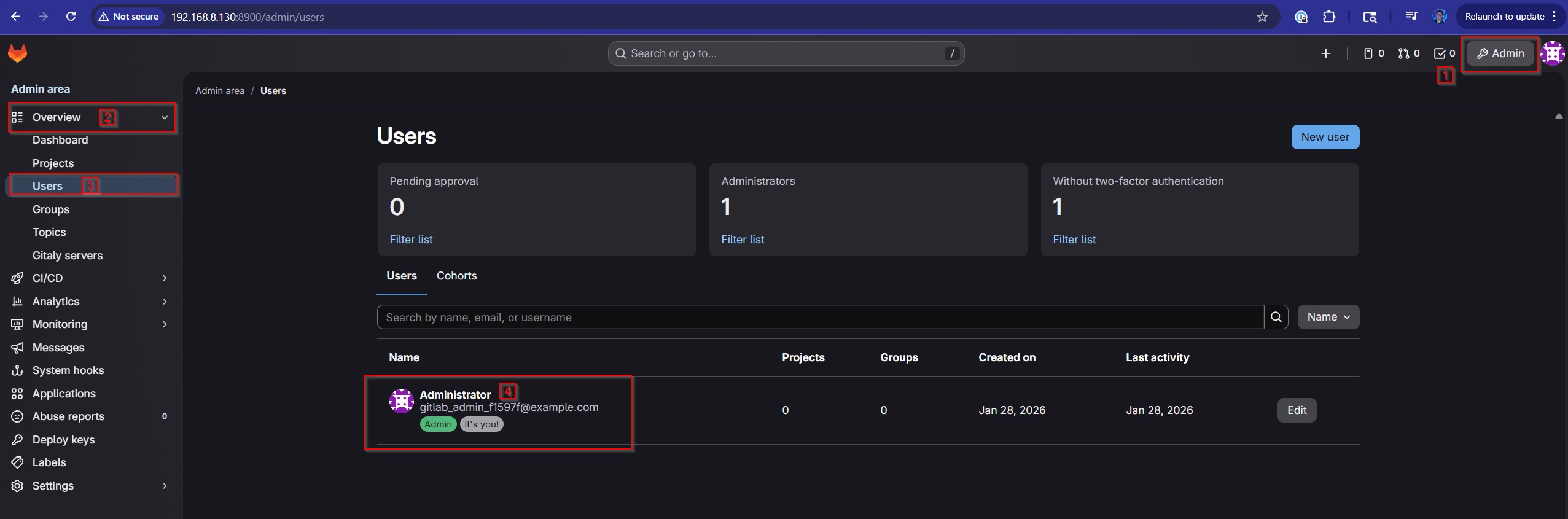 Figure 6: Click on the Admin button, then click on the Users tab under the Overview section in the left-hand sidebar and click on the Administrator account