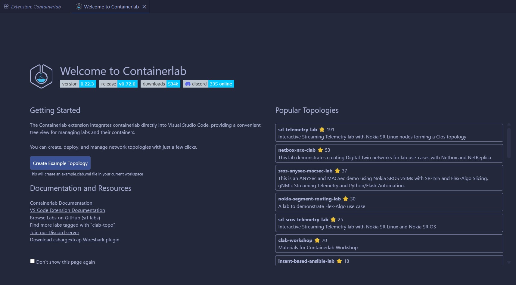 Figure 23: The Welcome page specifically for the Containerlab extension running on the remote system/VM