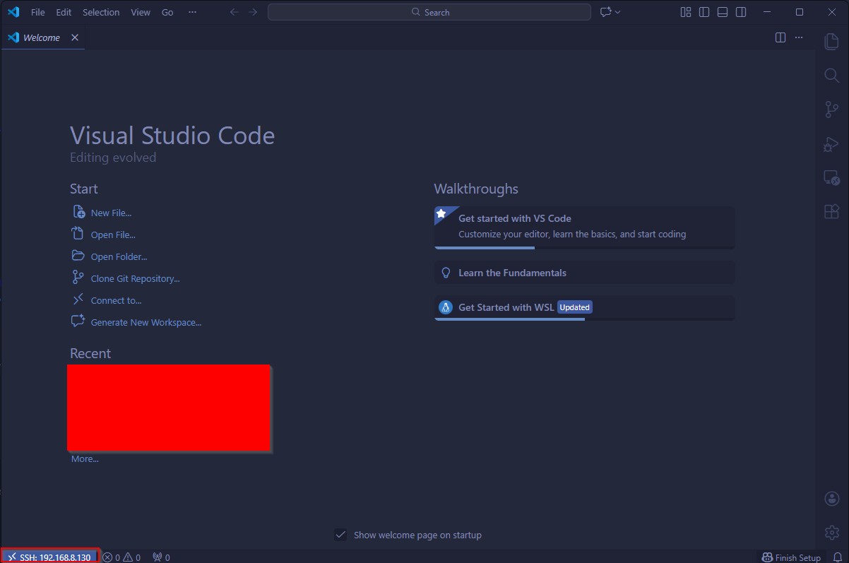 Figure 21: The Welcome page for the remote system in the VS Code GUI